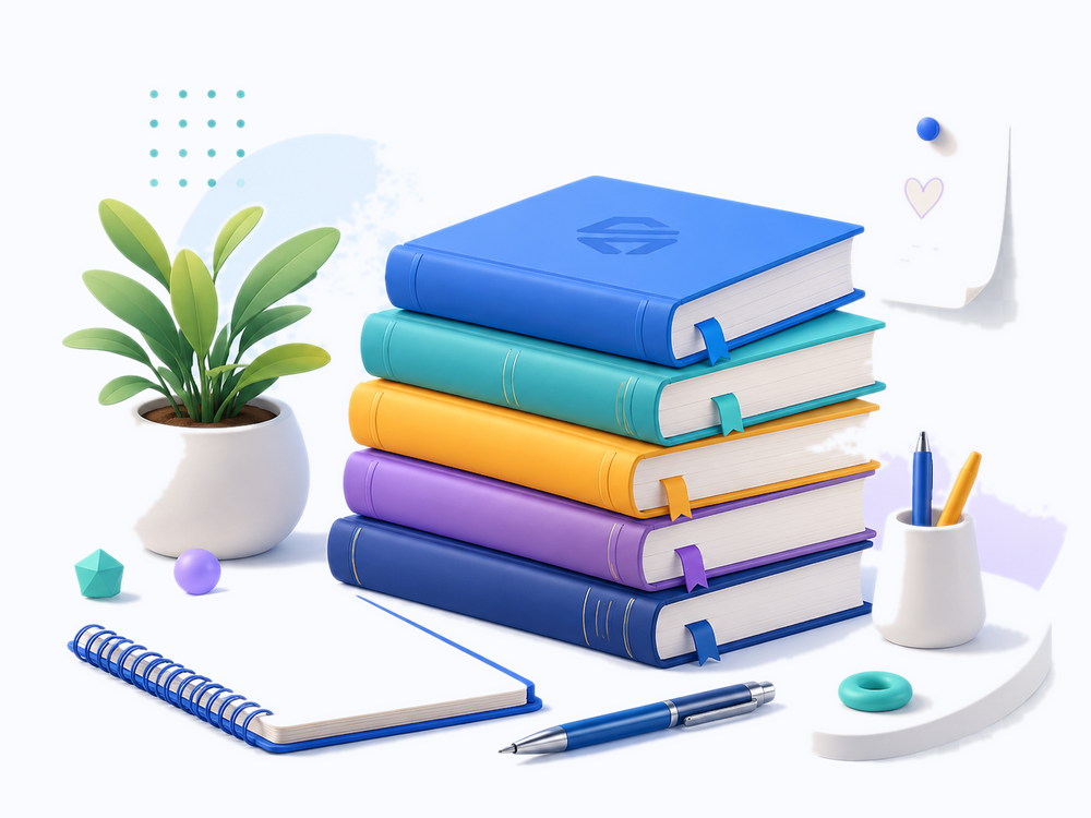 A calm study desk with books, stationery, and a plant